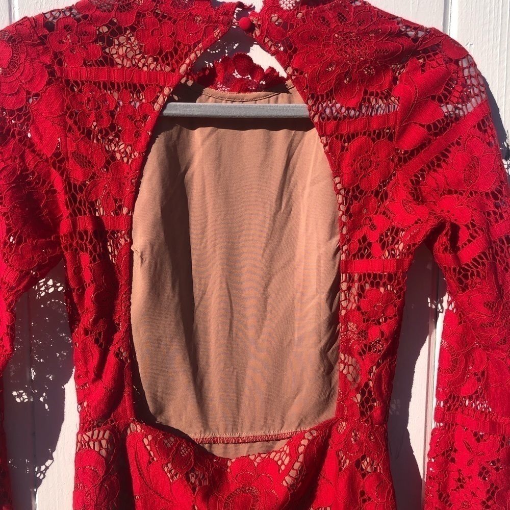 For Love & Lemons Rosetta Open Back Long Sleeve Red Lace High Neck - Picture 7 of 11
